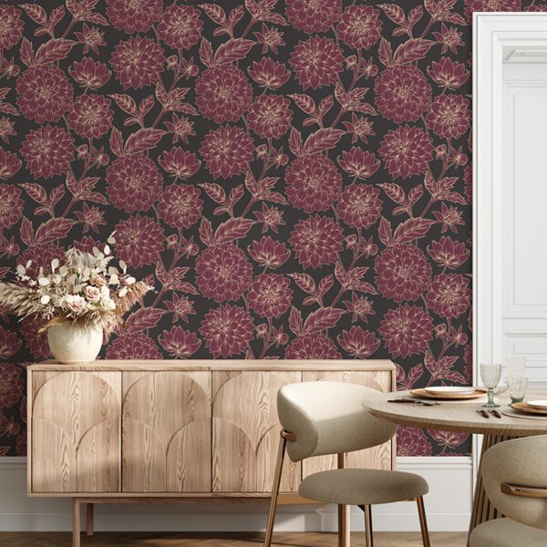 Dahlia Blooms Vintage Merlot Wallpaper