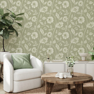 Trailing Dahlia Green Wallpaper by Robyn Valerie