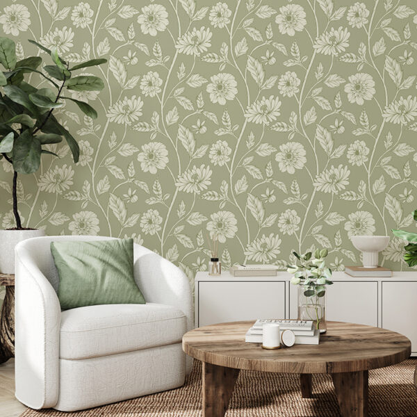 Trailing Dahlia Green Wallpaper by Robyn Valerie
